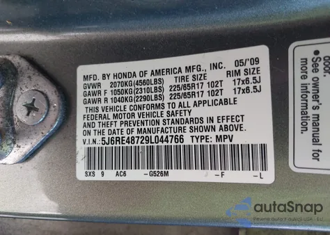 2009 Honda Cr-V Ex-L from USA, damaged, VIN 5J6RE48729L044766